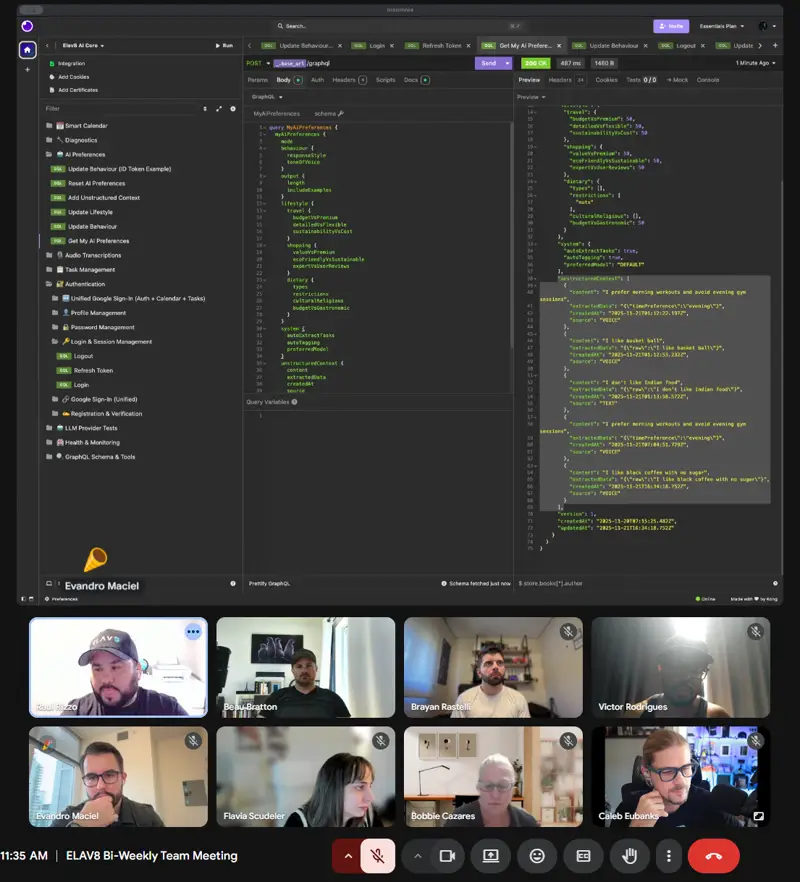 ELAV8 development environment screenshot alongside team photos from a Google Meet call, January 2026