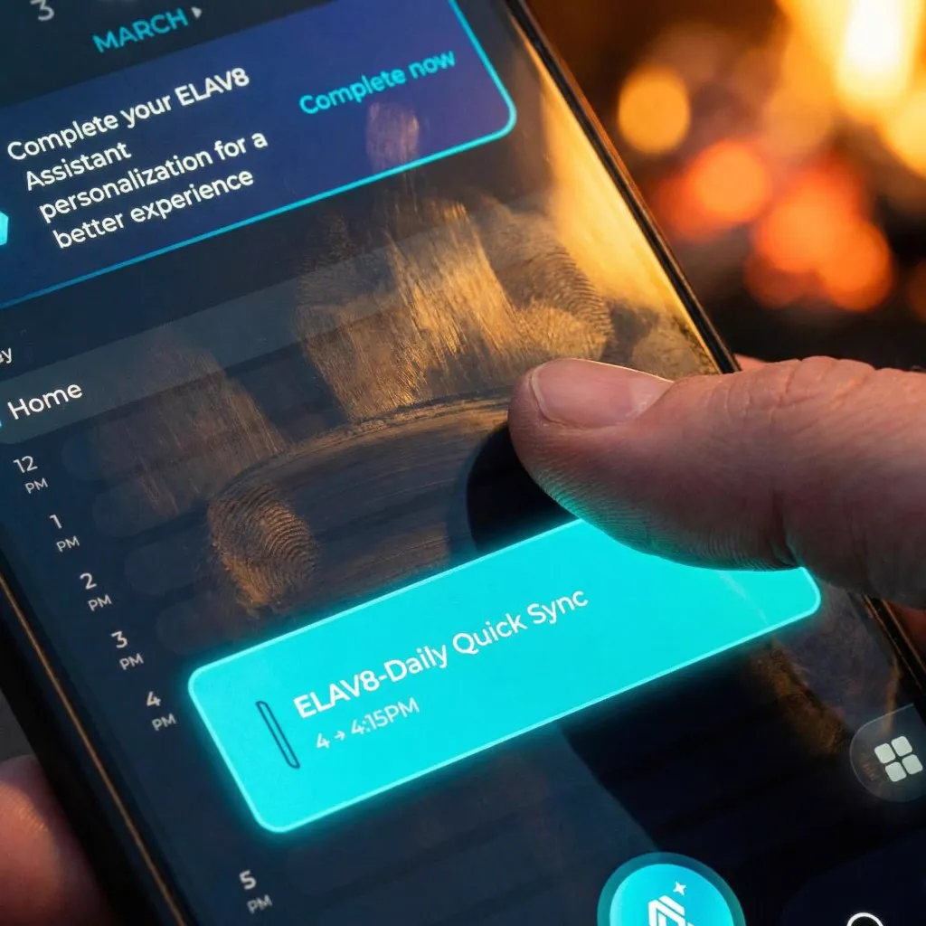 ELAV8 app showing a Daily Quick Sync calendar event on a smartphone